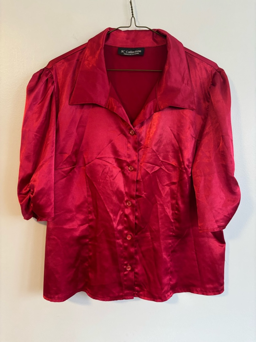 SC Collection Red Satin Short Sleeve Button Down Blouse Size XL